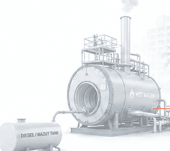 An existing industrial hot-water boiler with a diesel/mazut fuel tank